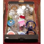 A box of mixed ceramics and glasswares to include decanters, teapot, lidded jars etc.