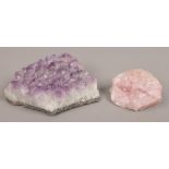 Two geological specimens rose quartz and amethyst.