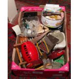 A box of miscellaneous to include scent bottles, breweriana advertising, white metal toast rack