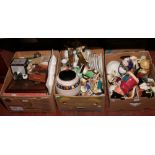 Three boxes of miscellaneous to include character jugs, table lighters, ceramic animals, figurines