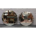 Two Art Deco circular etched glass wall mirrors one ornamented with green marbleised triangles.