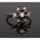 A 9ct gold opal and sapphire cluster ring, size Q.
