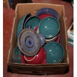 A box of Denby stone dinnerwares in the Harlequin design including tureens, plates, bowls etc.