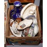 A box of miscellaneous ceramics including blue and white, ornaments, cottage ware etc.