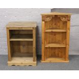 A pine open cupboard along with a stained pine corner cupboard.