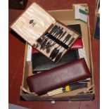 A box of various cased flatwares including Viners examples.