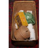A basket of collectables including Goodwin golden casket jigsaw, kitchenalia and cabbage moulded