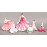 Two Royal Doulton figurines from the Pretty Ladies series, along with four figurine miniatures by