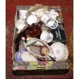 A box of miscellaneous including Ringtons teawares, Pendelfin, blue and white, glassware,