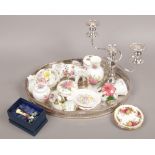 A silver plate tray and candelabra along with a collection of ceramics to include Royal Albert in