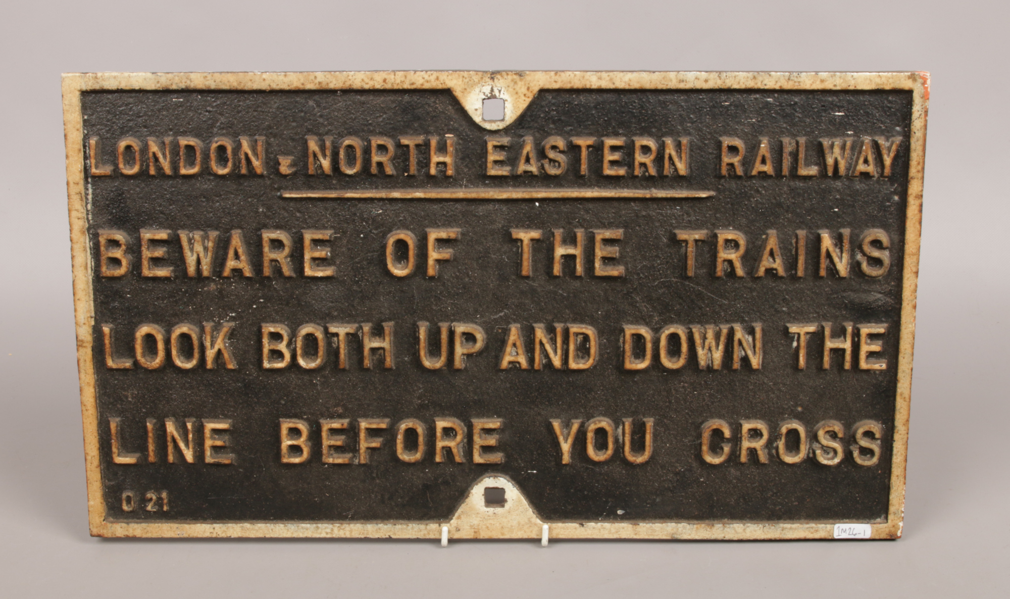 A vintage cast iron L.N.E.R 'Beware of the Trains' plaque 31.5cm x 55.5cm.