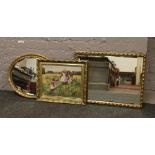 Two gilt framed bevel edge mirrors, along with a gilt framed print Summer meadow with Children, 39