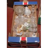 A box of mostly glasswares including Art Deco dressing table examples, ornaments etc.