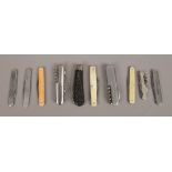 A collection of ten pocket pen knives to include bone handle example and Sheffield stainless steel