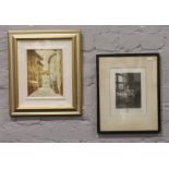 A framed etching and a gilt framed oil on panel, street scene signed Otello.
