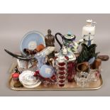 A tray lot of collectable ceramics, Delft decorated flask, Sadler, Shakespeare tea pot, cut glass,