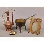 A Bayley & Street bronze skillet, Turkish brass and copper coffee pot and a gilt picture frame.