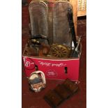 A box of metalwares etc including brass trinket and spirit kettle.