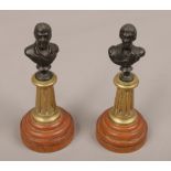 Two Victorian bronze busts The Duke of Wellington and Admiral Lord Nelson both raised on turned