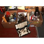 Three boxes of metalwares and collectables including silver plate, trophies, sporting awards,