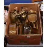 A box of brass and copperwares to include trench art, blow lamp etc.