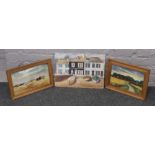 Three Joyce Spur oil on board paintings, including house and boat scene.