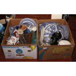 Two boxes of miscellaneous and glass to include blue and white Old Willow pattern dinnerwares,