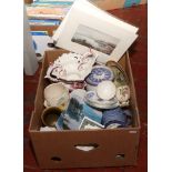 A box of miscellaneous including four mounted prints by Alun Davies, Bradford Exchange collectors