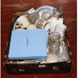 A box of commemorative wares for various monarchs including Wedgwood, glass drinking vessels, cups