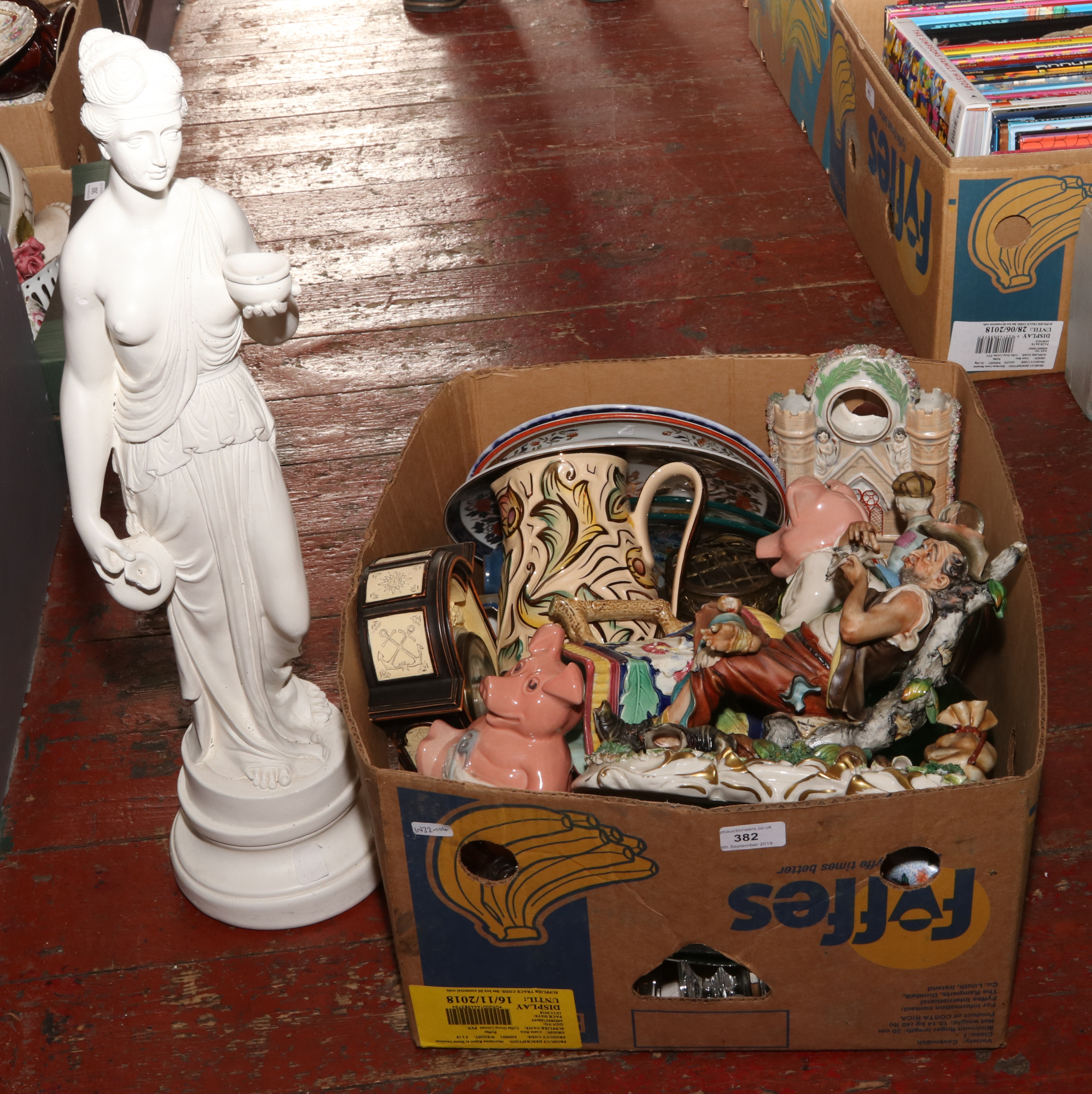 A box of miscellaneous ceramics and glass including Loetz style rose bowl, Staffordshire pocket