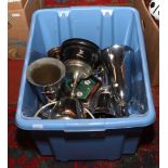 A box of metalwares mainly silver plate presentation trophies.