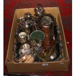 A box of metalwares including three branch candelabra, Viners teawares, engineering plaques and