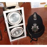 A Sraffordshire constabulary police helmet, label for Custodian Helmet and a disco floor light.