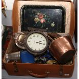 A vintage suitcase and contents of mostly metalwares and wooden items including copper and brass