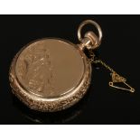 A Waltham 14ct gold fob watch (61g gross weight) with chased decorated case white enamel dial, Roman