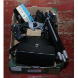 A box of camera equipment to include Zenit camera, Praktica camera, Elmo tape recorder, King Royal