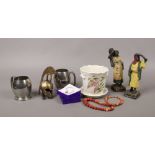 A group of collectables including painted metal figures of Arabs, pewter tankards, simulated pearls,