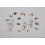 Fourteen pairs of assorted silver earrings including rose quartz, pearl and coloured paste