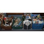 Four boxes of miscellaneous to include glass dome torsion clocks, novelty teapots, vases etc.