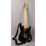 A Liberty Stratocaster style electric guitar in black with black pick guard.