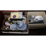 Two boxes of miscellaneous to include figural table lamp, blue and white ceramics, single records