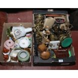Two boxes of miscellaneous to include Wade Bells Whiskey decanter, cottage ware, metalwares, pair of