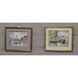 A pair of gilt framed John Rudkin prints, Market Bosworth and Ilam Village.