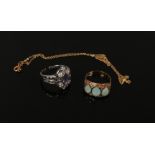 Three pieces of scrap 9ct gold; chain, opal ring and white gold, gem and diamond ring, gross