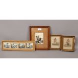 A quantity of mostly antique framed prints along with a etching of a young boy fishing.