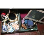 Two boxes of miscellaneous including novelty teapots, brass table lamp bases, boxed Royal Worcester,