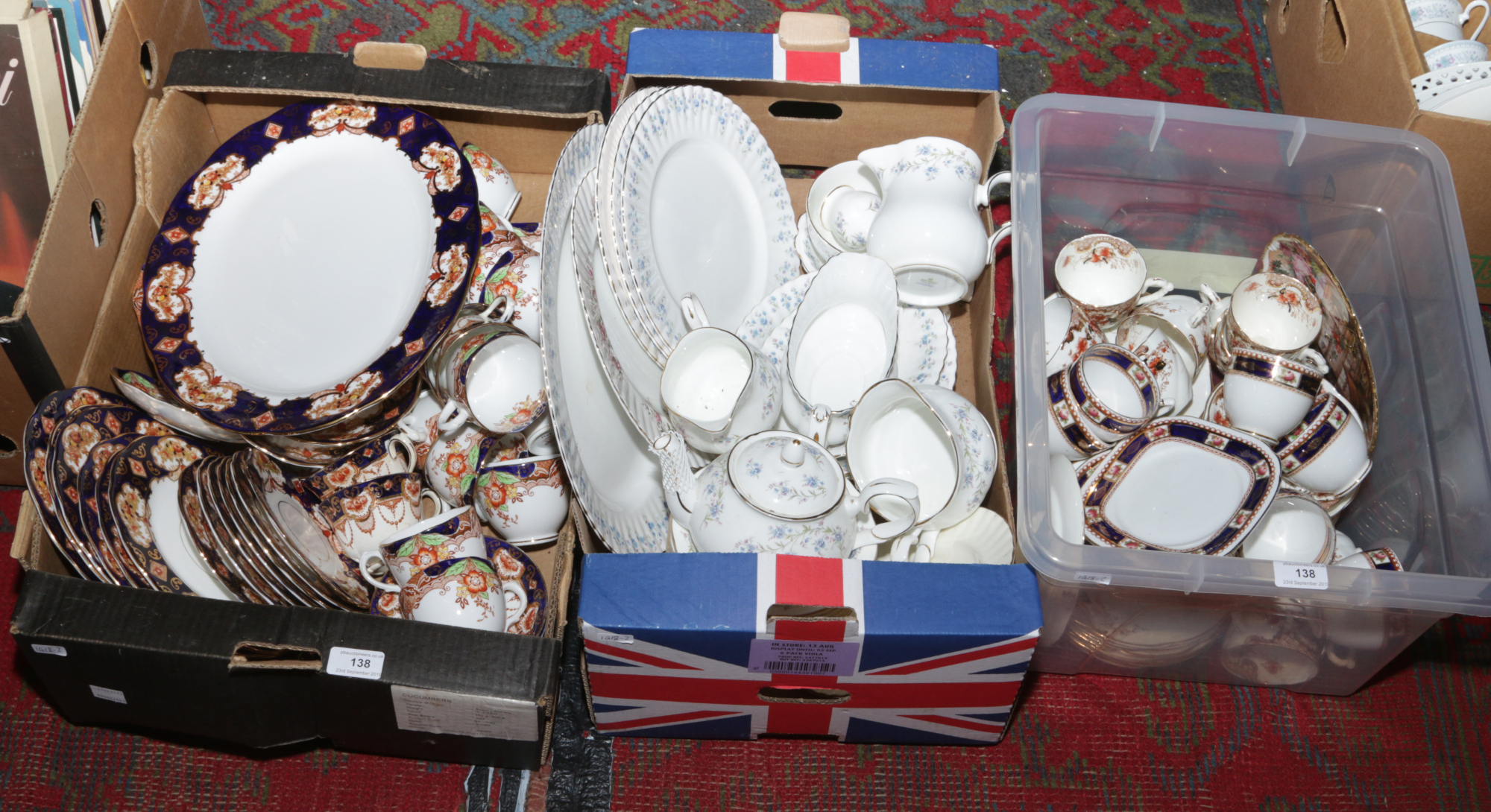 Three boxes of miscellaneous mainly bone china teawares to include Royal Albert, Heirloom, Duchess