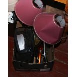 A box of electrical items including shredder, table lamps, car vac etc.