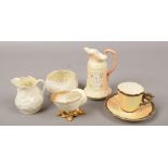 A small quantity of Worcester and Belleek porcelain to include cup and saucer, cream jug and sugar