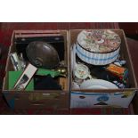 Two boxes of miscellaneous ceramics, cutlery and metalwares to include copper bed warmer, Woods